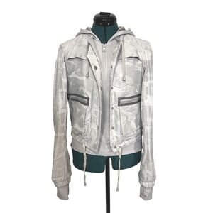 Blanc Noir‎ Jacket Womens XS Gray Camo Hooded Zip Mesh Lined Drawstring BLJ06500